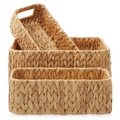 Water Hyacinth Storage Basket Set for Shelves - 1-Large, 2-Small - Woven Storage Bin Organizers with Handles