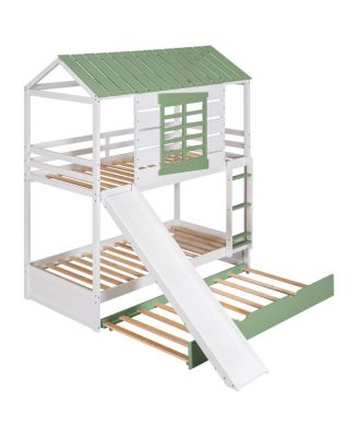 Streamdale Twin Over Twin Size House Bunk Bed With Convertible Slide And Trundle