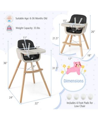 Toddler 3 in 1 Convertible Wooden High Chair Feeding Chair with Cushion