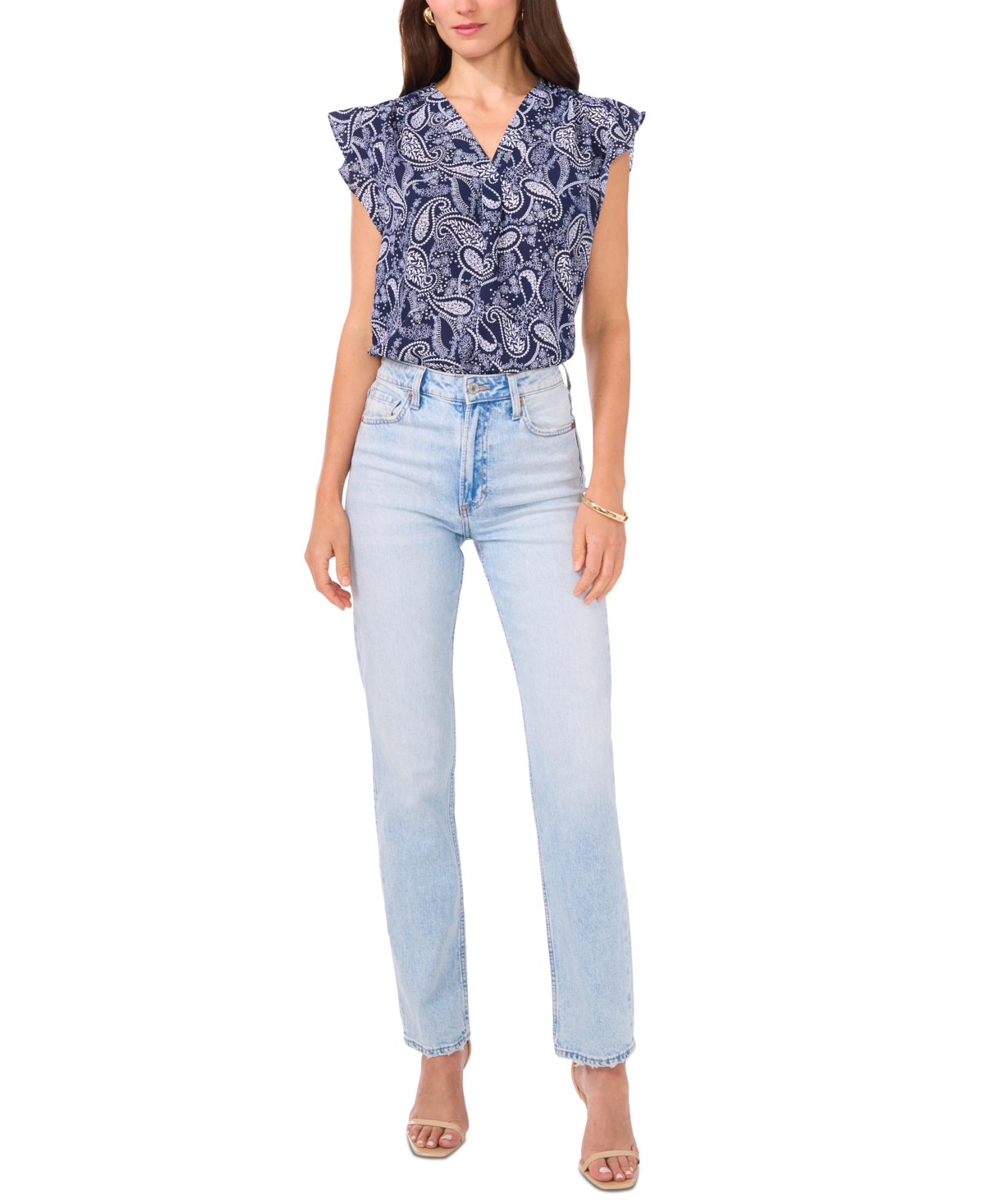 Vince Camuto Women's Paisley V-Neck Flutter-Sleeve Top