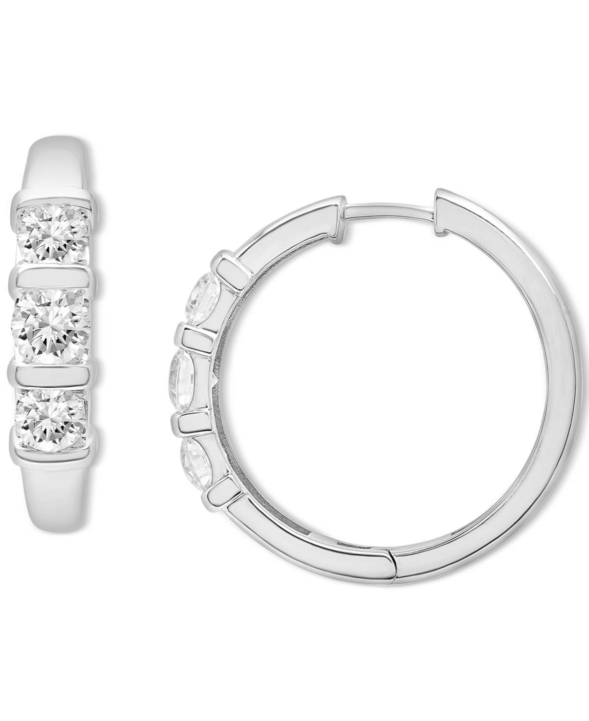 Macy's Diamond Three Stone Small Hoop Earrings (1-1/2 Ct. T.w.) In 14k White Gold Or 14k Yellow Gold In White Gold