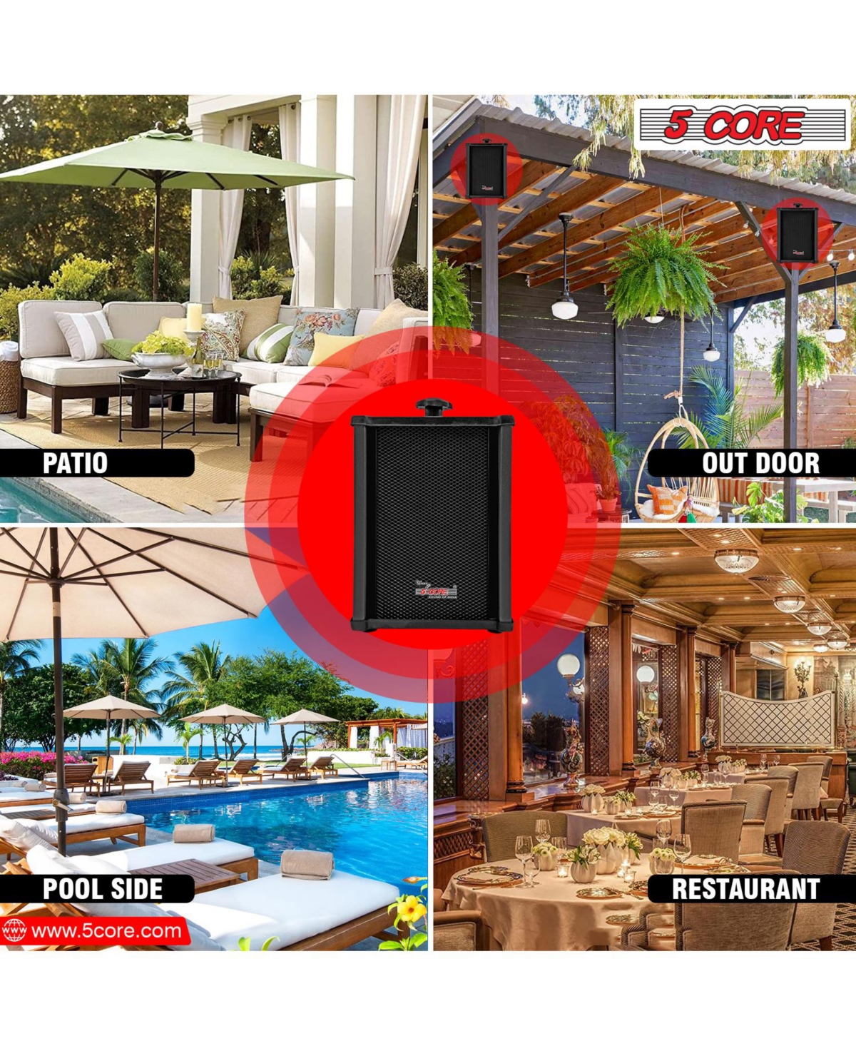 5 Core Outdoor Speakers Stereo In Wall Speaker 100W Peak Passive Outside Surface Mount Wired Waterproof Patio House Garage Indoor Exterior Audio Syste