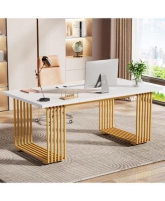 70.9" Modern Office Desk, Wooden Computer Desk, White Executive Desk with Gold Metal Legs, L Study Writing Desk