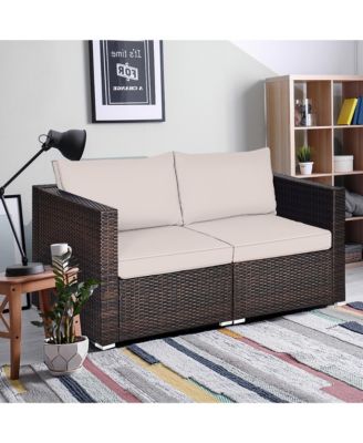 2PCS Rattan Corner Sofa Set Patio Outdoor Furniture Set w/ 4 Beige Cushions
