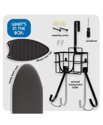 3 Piece Ironing Organizer Set - Board & Iron Holder T&V Shaped Wall & Over The Door Mounted - Iron Rest - Ironing Board Cover
