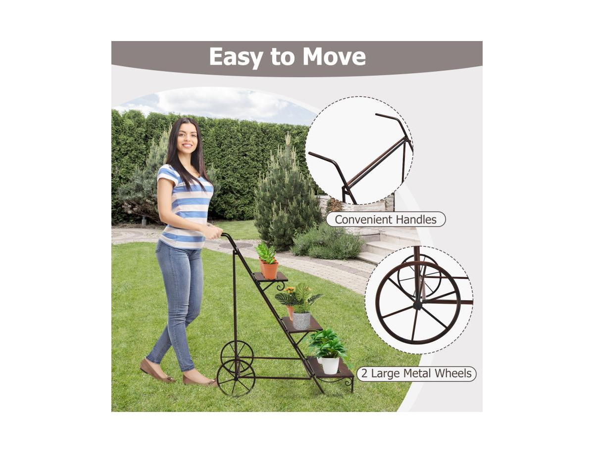 Slickblue 3-Tier Metal Plant Stand with Wheels and Handle for Balcony
