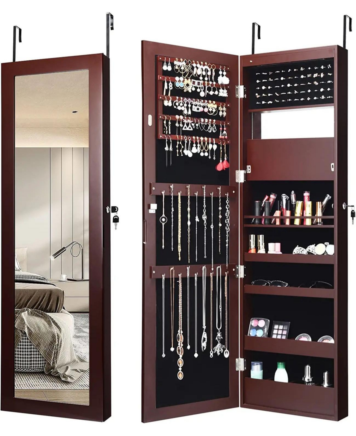 Lockable Wall Door Mounted Mirror Jewelry Cabinet with Led Lights - Brown