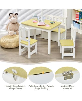 4 PCS Kids Wooden Activity Table & Chairs Set w/ Storage Bench Study Desk