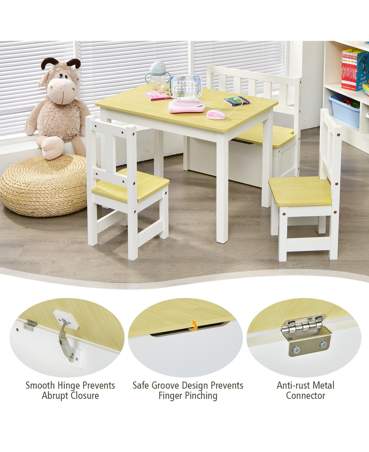 4 Pcs Kids Wooden Activity Table & Chairs Set w/ Storage Bench Study Desk