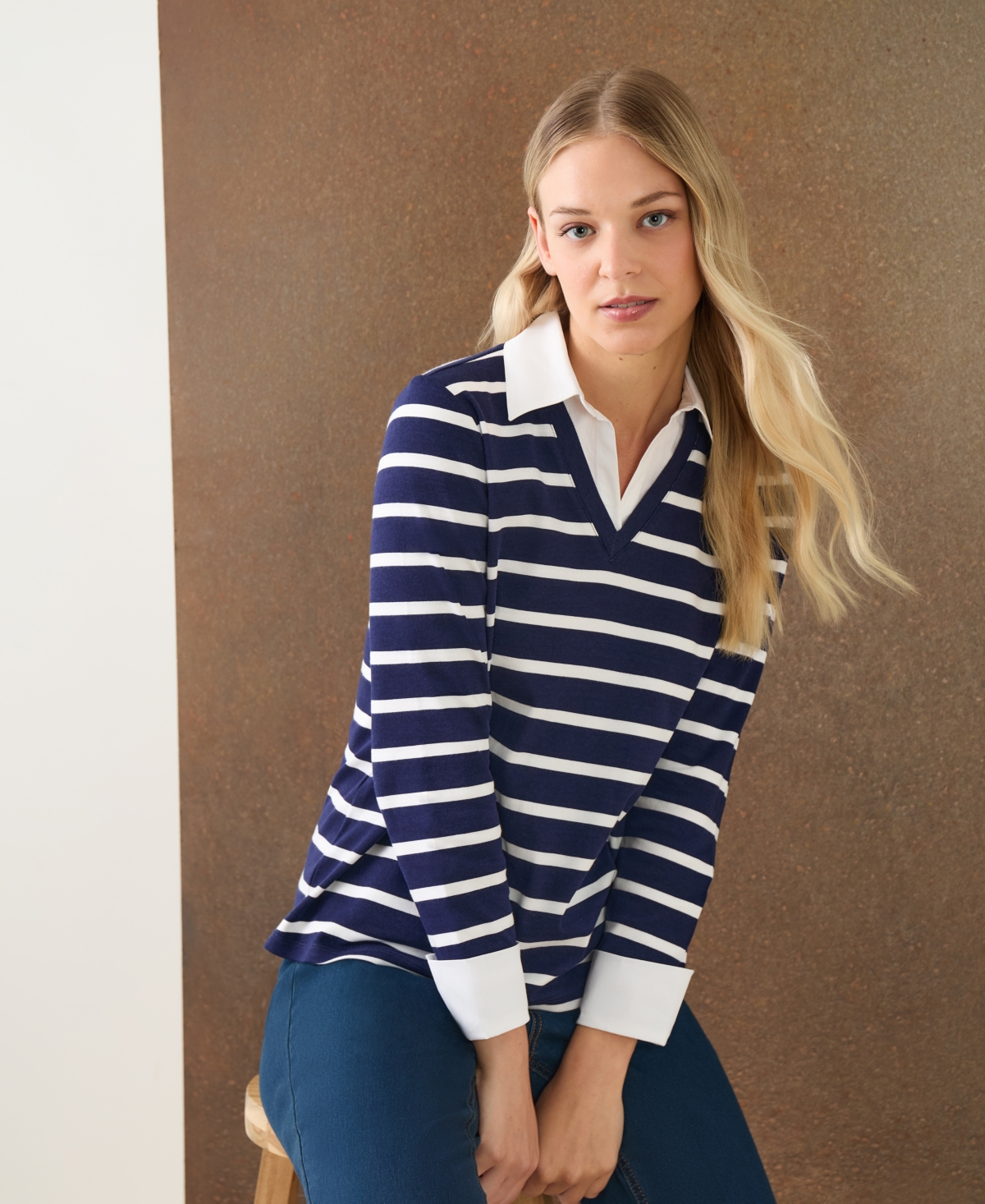 Jones New York Women's Cotton Striped Layered-Look Top
