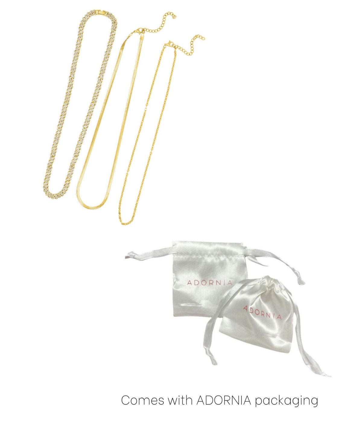 Adornia Gold Adjustable Valentina, Herringbone And 8mm Crystal Curb Chain Necklace Set In Gold