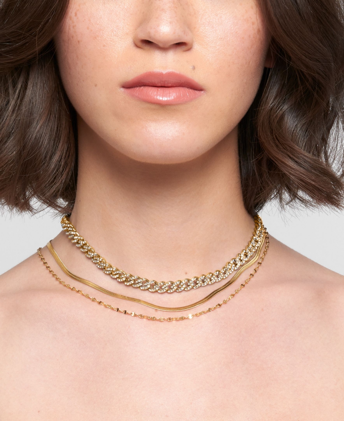 Adornia Gold Adjustable Valentina, Herringbone And 8mm Crystal Curb Chain Necklace Set In Gold