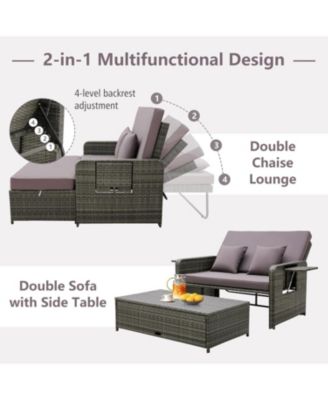 Wicker Loveseat Sofa with Multipurpose Ottoman and Retractable Side Tray