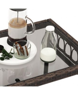 4 Pieces Outdoor Wicker Conversation Bistro Set with Soft Cushions and Tempered Glass Coffee Table