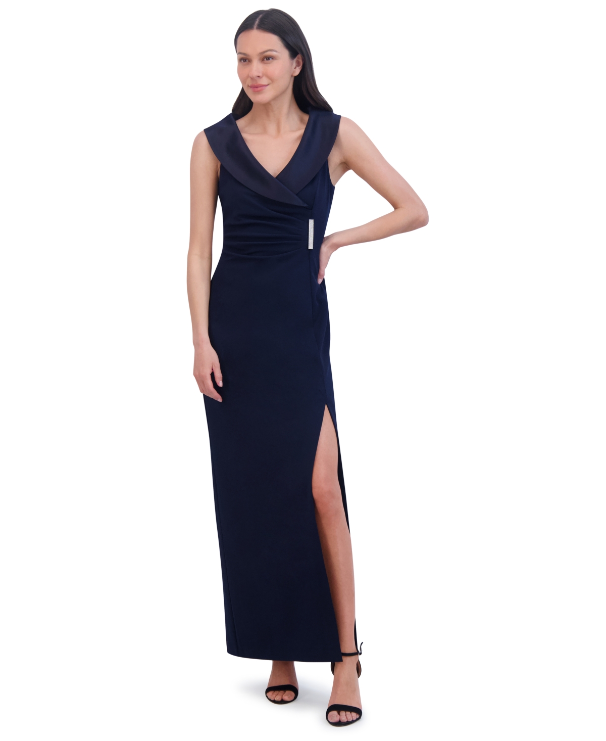 Women's Collared Side-Slit Long Gown - Navy