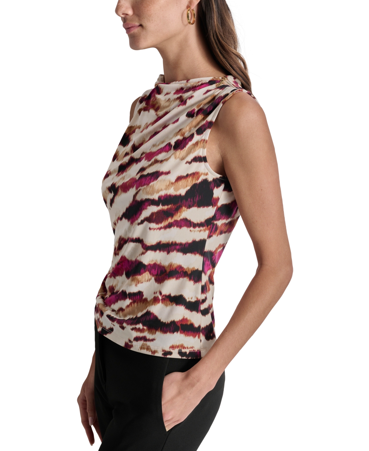 Dkny Petite Printed Draped-Neck Zipper-Shoulder Top
