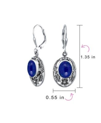 Oval Flower Leaf Carved Blue Synthetic Lapis Lazuli Lever back Earrings Oxidized Sterling Silver