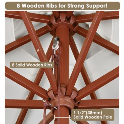 9FT Wooden Patio Umbrella UV30+ for Beach Pool Wedding Party Table Market Garden Yard Hotel Deck Cafe White