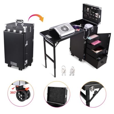 Aluminum Rolling Makeup Train Case with Table Salon Nail Trolley Cosmetic Organizer Black