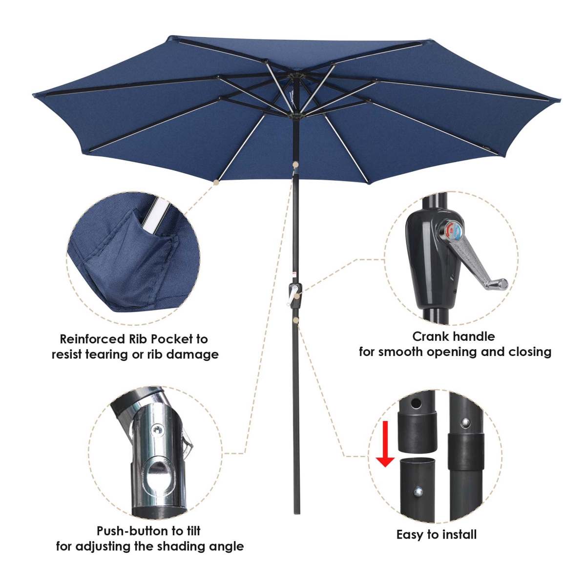 Yescom 9ft Solar Power Led Patio Umbrella Outdoor Yard Parasol Sunshade Tilt with Crank