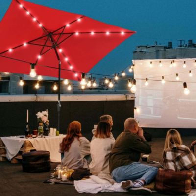 10x6.5FT Rectangle Outdoor Solar LED Patio Umbrella with Crank Tilt for Table Market Yard Deck Pool Party Red