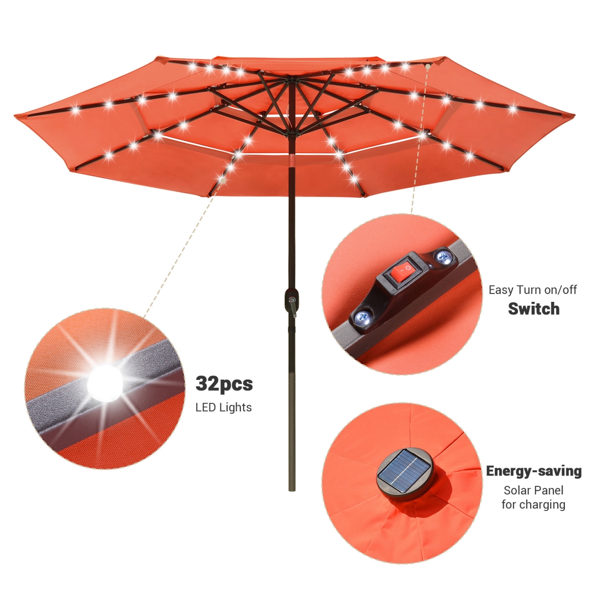 Yescom 3 Tier Patio Umbrella with Solar Powered Led Crank Tilt Button