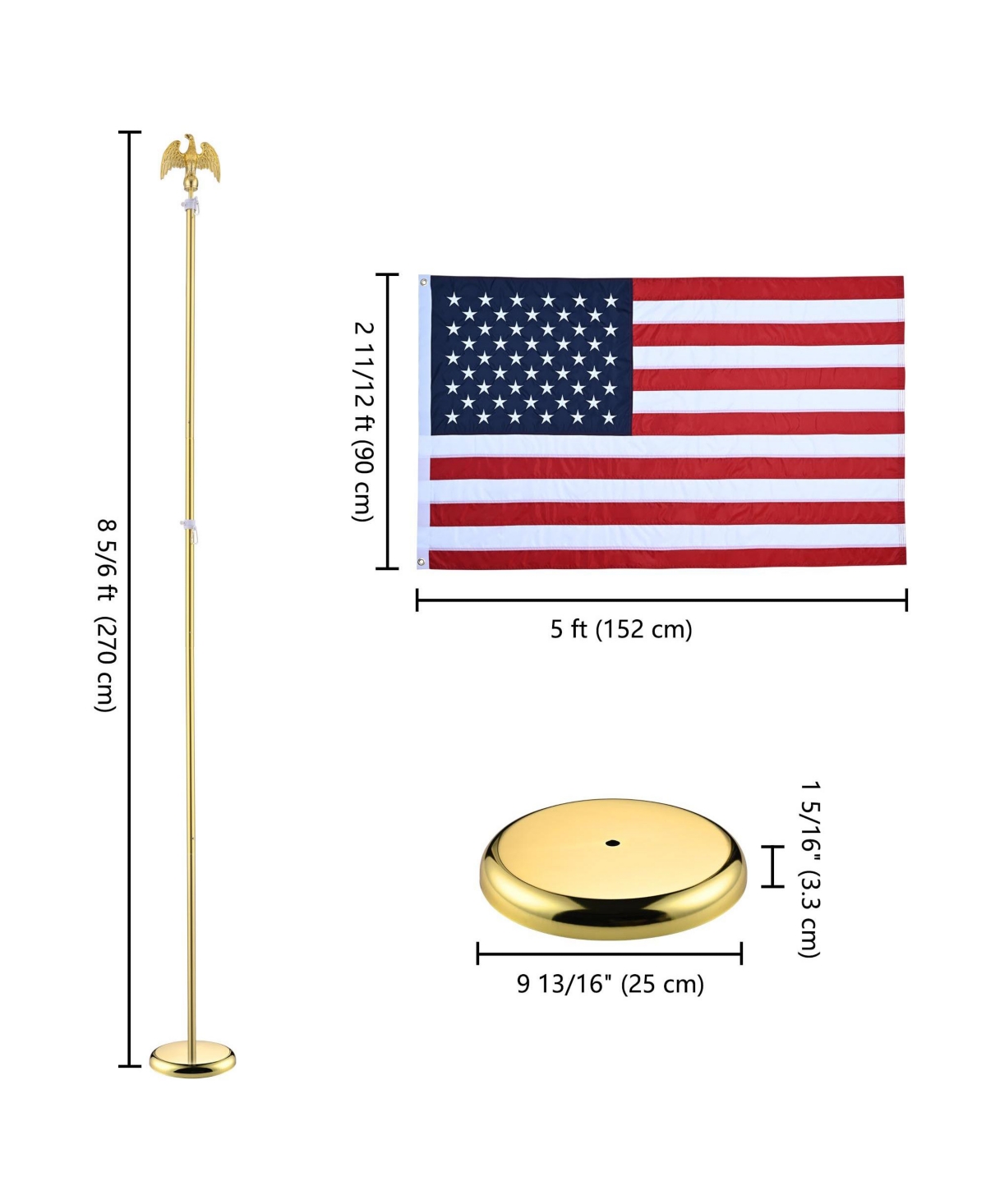 Yescom 8FT Sectional Indoor Flag Pole Kit Eagle Topper AluminumPole & 3x5Ft Us Flag with Base Stand Office Hall - Gold