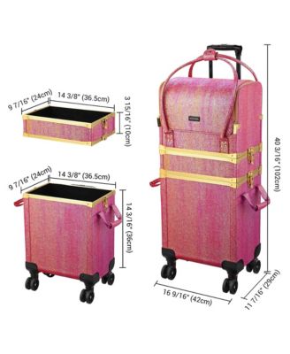 Red Gold Makeup Train Case Lockable Rolling Cosmetic Trolley Storage