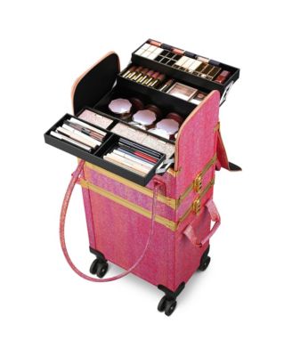 Red Gold Makeup Train Case Lockable Rolling Cosmetic Trolley Storage