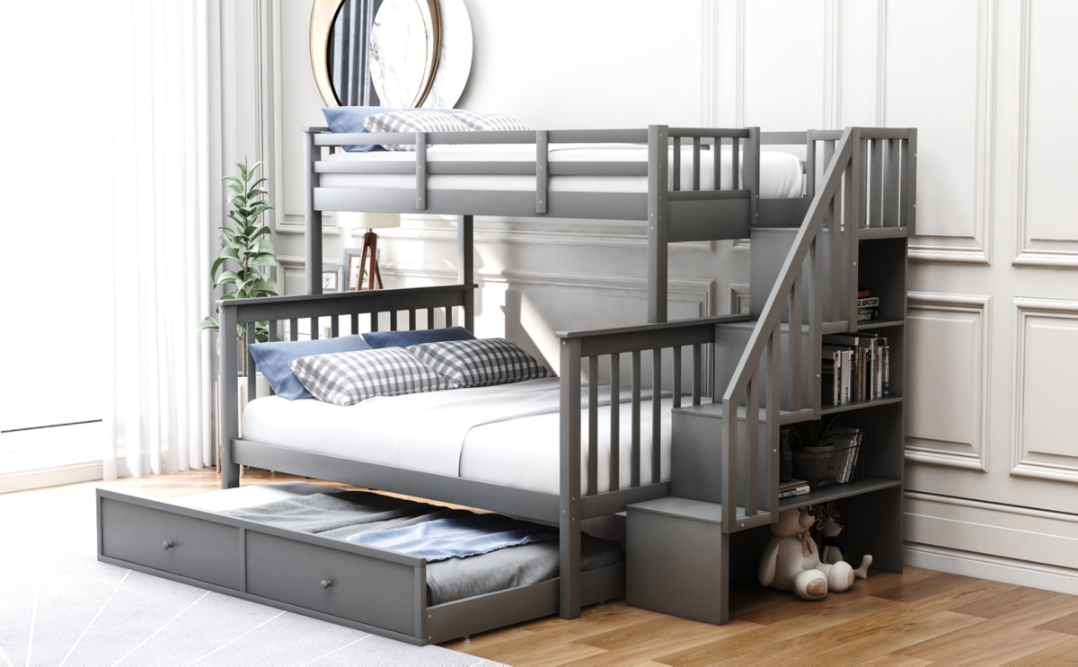 Simplie Fun Stairway Twin-Over-Full Bunk Bed With Twin Size Trundle, Storage And Guard Rail For Bedroom
