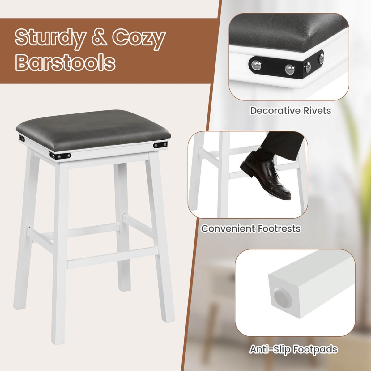 30'' Dining Bar Stool Set of 2 Pub Height Padded Seat Wood Frame Kitchen