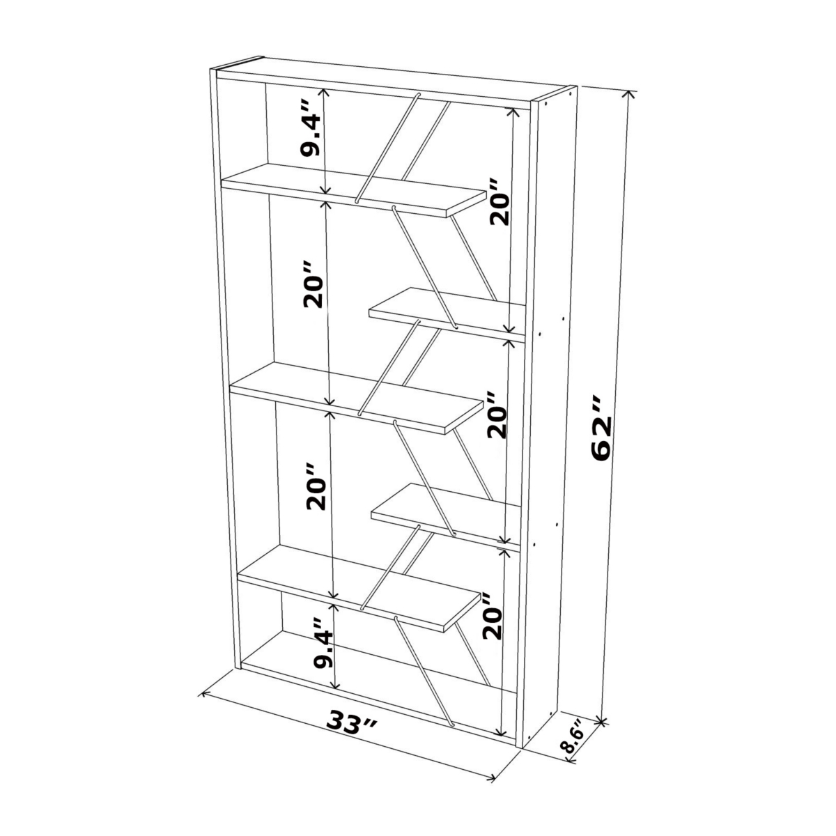 Streamdale Furniture Wood Frame Etagere Open Back 6 Shelves Bookcase Industrial Bookshelf