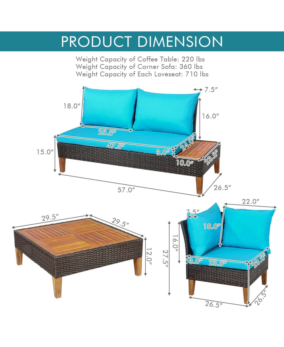 Inolait 4 Pieces Patio Cushioned Rattan Furniture Set with Wooden Side Table