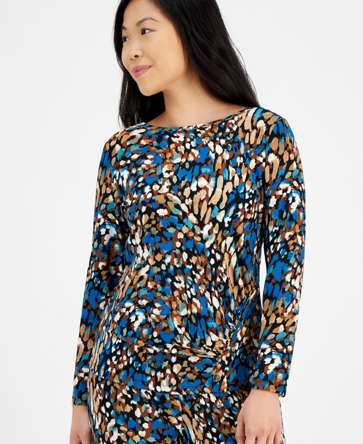 Ak Anne Klein Petite Printed Long-Sleeve Rivet Top