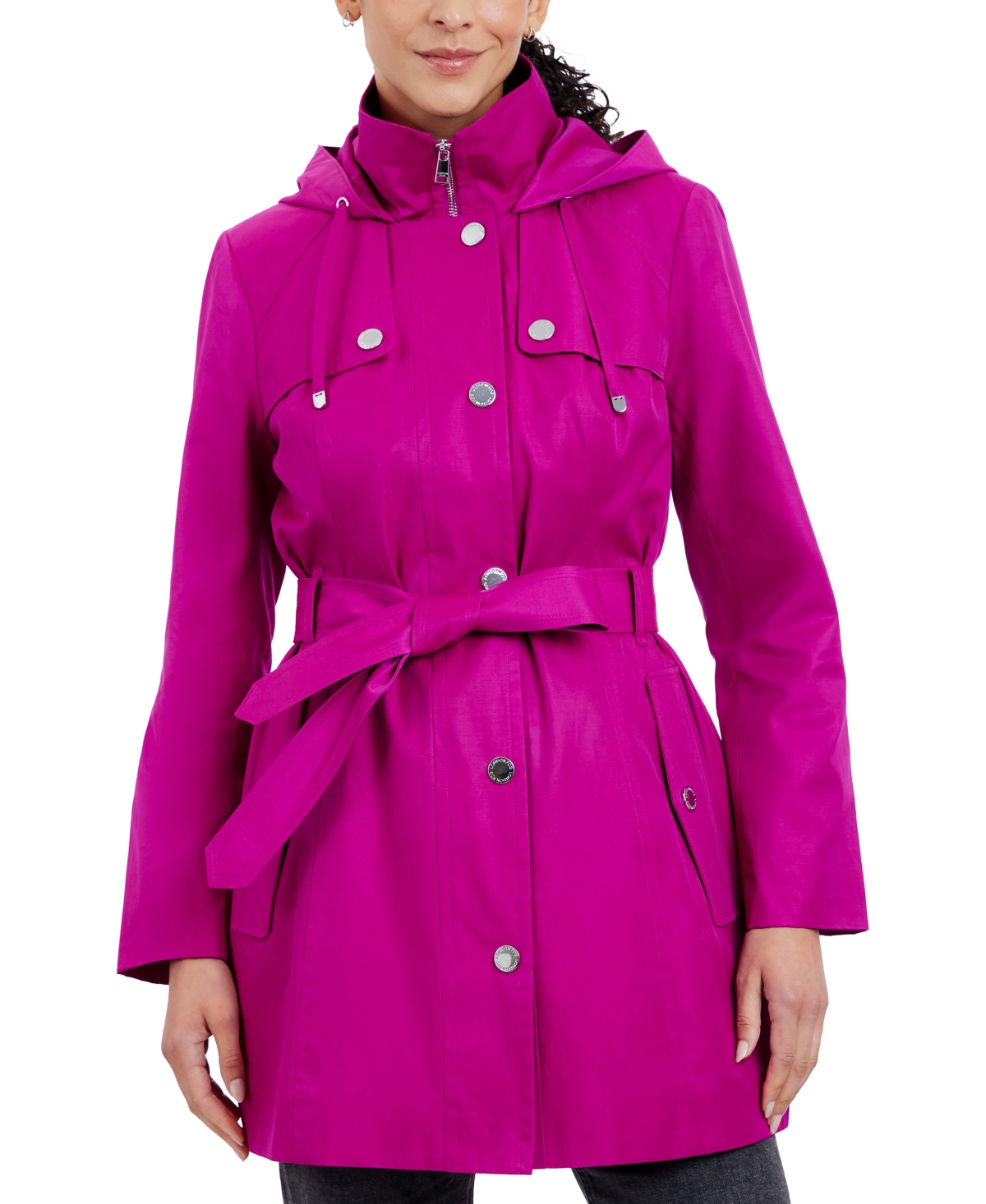 Petite Hooded Belted Zip-Front Raincoat - Ultra Marine