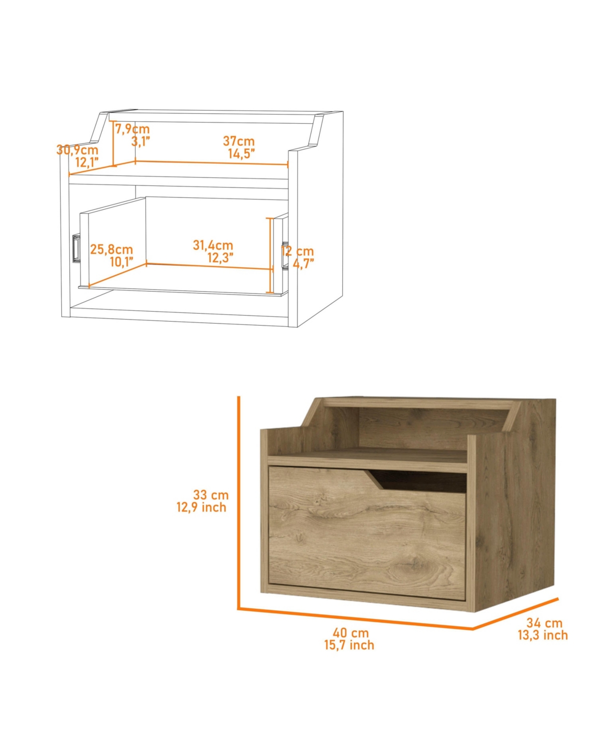 Fm Furniture Florence Floating Nightstand with Drawer and Dual-Shelf Display