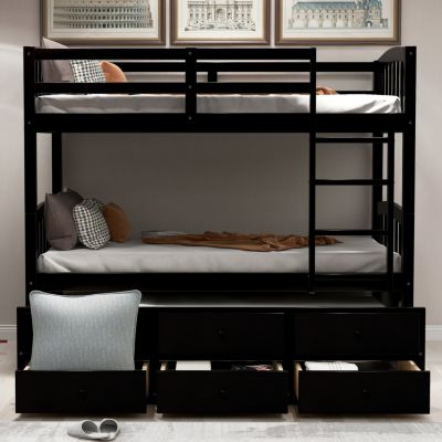 Twin Bunk Bed with Ladder, Rail, Trundle and Drawers