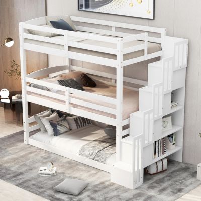 Streamdale Twin Size Triple Bunk Bed With Storage Staircase, Separate Design