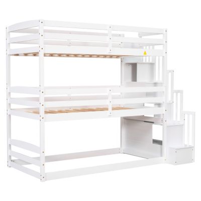 Streamdale Twin Size Triple Bunk Bed With Storage Staircase, Separate Design