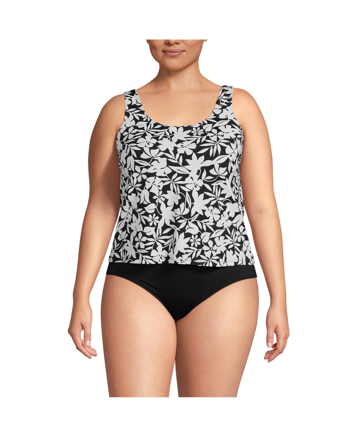 Plus Size Chlorine Resistant One Piece Scoop Neck Fauxkini Swimsuit - Black havana floral