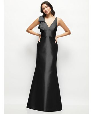 Women's Deep V-back Satin Trumpet Dress with Cascading Bow at One Shoulder