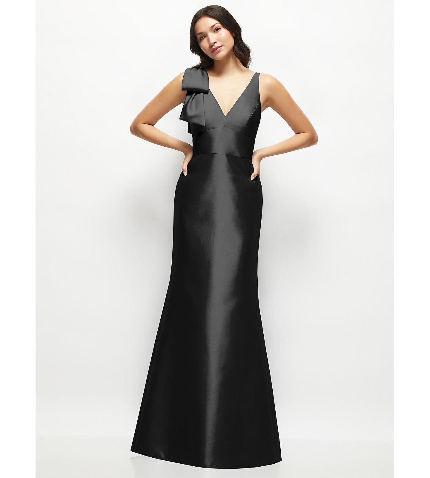 Женское платье Alfred Sung Deep V-back Satin Trumpet Dress with Cascading Bow at One Shoulder, цвет: Чёрный — фото 1