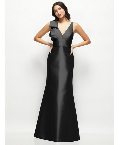 Женское платье Alfred Sung Deep V-back Satin Trumpet Dress with Cascading Bow at One Shoulder, цвет: Чёрный