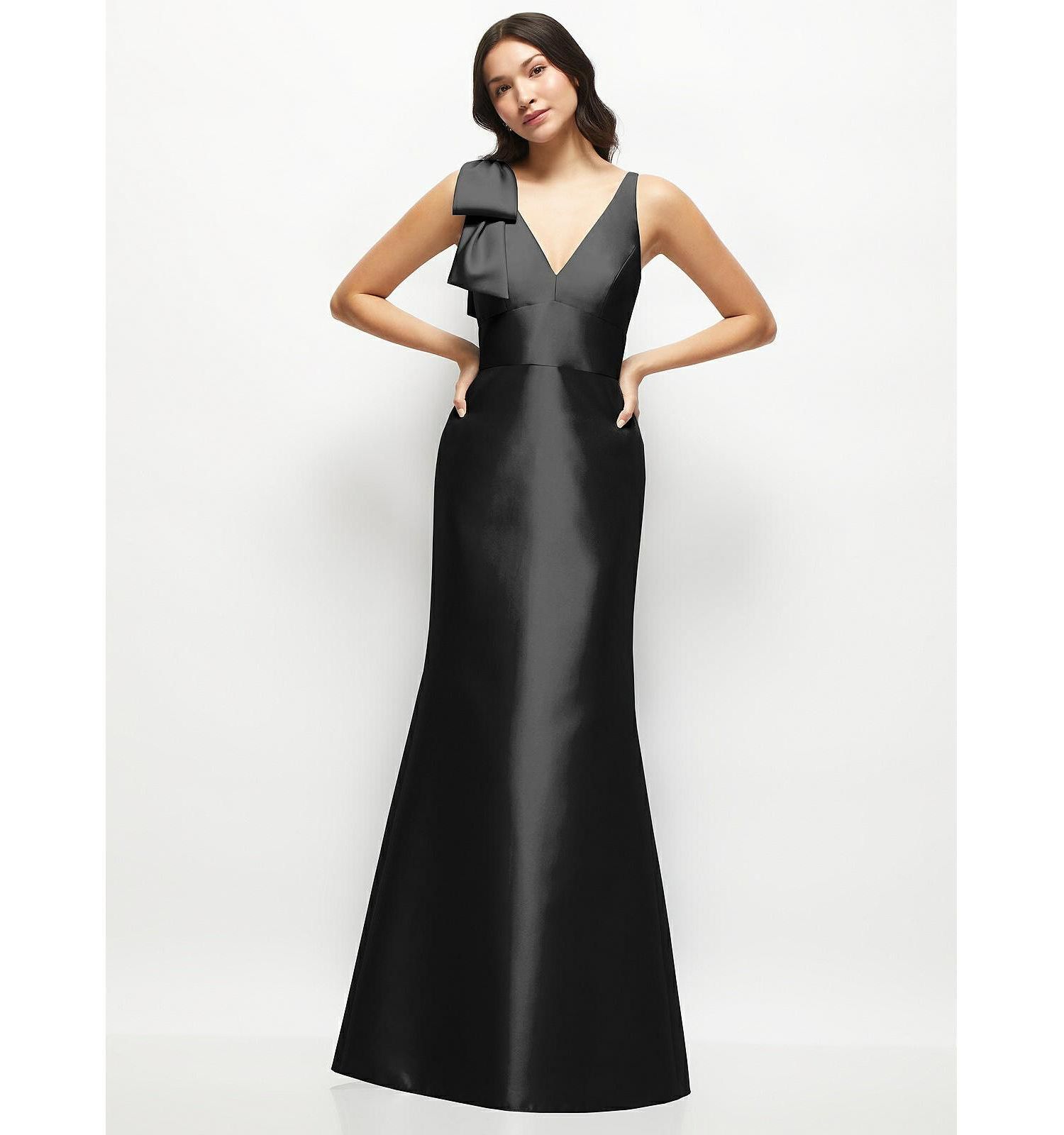 Women's Deep V-back Satin Trumpet Dress with Cascading Bow at One Shoulder