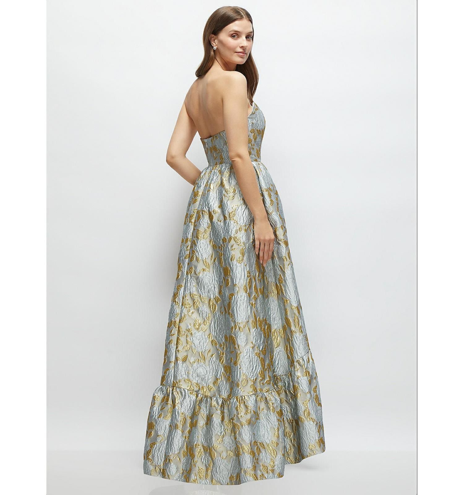 Women's Strapless Cat-Eye Boned Bodice Brocade High-Low Dress