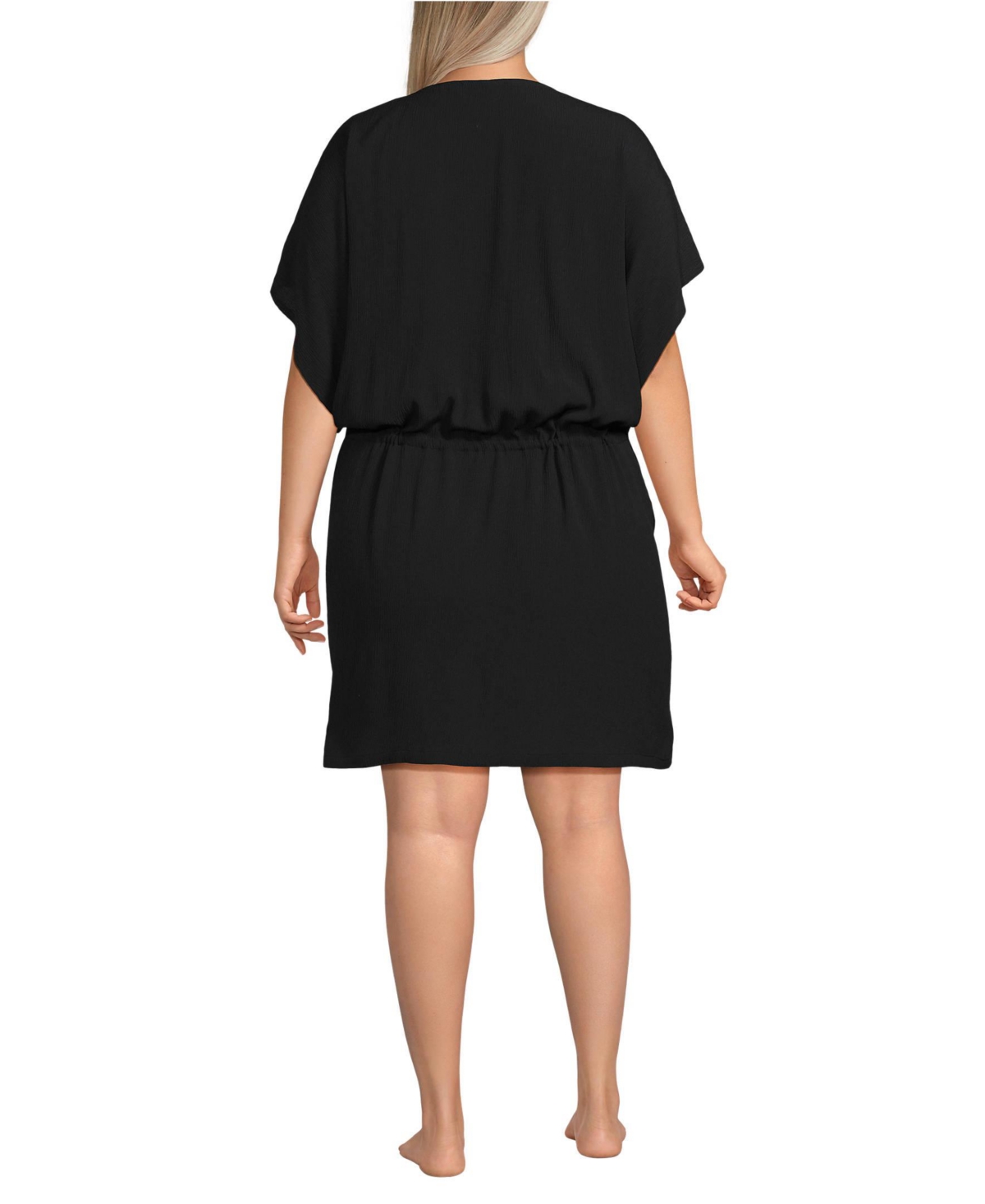 Lands' End Plus Size Crinkle Rayon Short Sleeve Gathered Waist Kaftan Swim Cover-up Dress