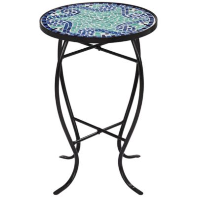 Modern Black Round Outdoor Accent Side Table 14" Wide Light Green Mosaic Tabletop for Front Porch Patio House Balcony