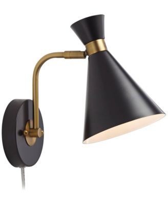 Venice Mid Century Modern Wall Lamp Matte Black Brass Plug-in 6 1/4" Light Fixture Adjustable Metal Cone Shade for Bedroom Living Room