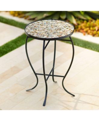 Modern Black Round Outdoor Accent Side Tables 14" Wide Set of 2 Natural Mosaic Tabletop for Front Porch Patio Home House