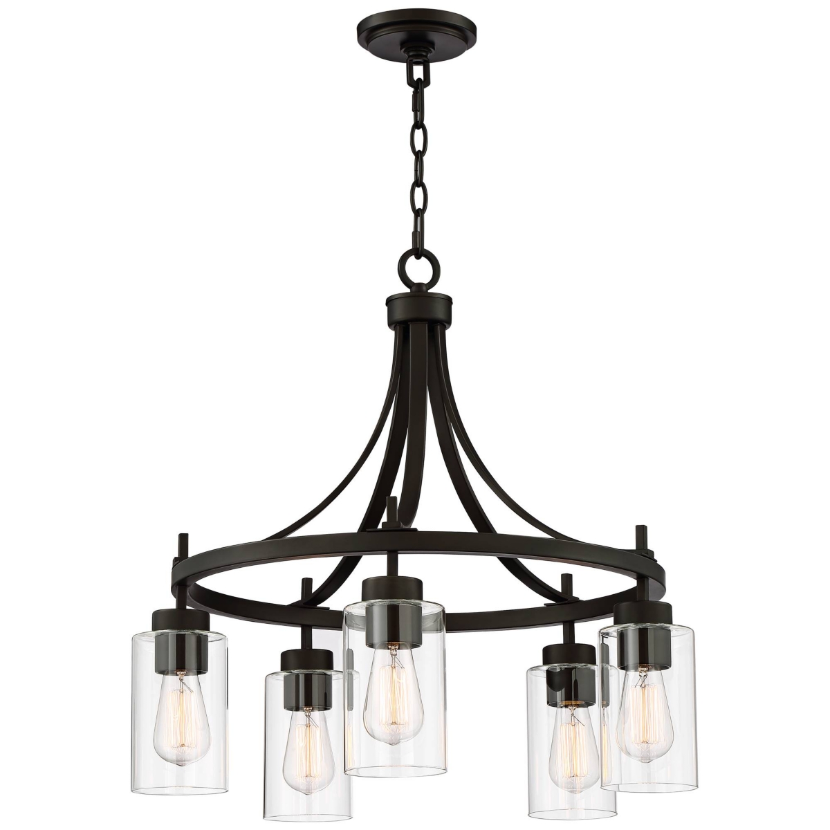 Franklin Iron Works Caleb Bronze Wagon Wheel Pendant Chandelier Wide Industrial Clear Glass 5-Light Fixture for Dining Room House Foyer Entrywa